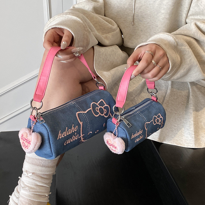 Mini Bolsa Redonda – Crossbody Fofa De Gato Gatinho Com Bordado Jeans , Combinação De Mãe E Filha , Fashion De Alta Qual