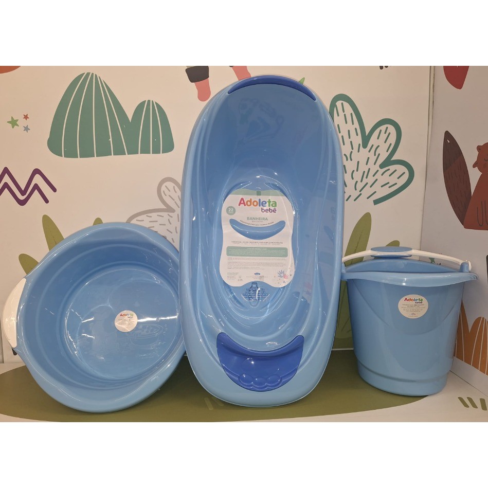 KIt Banheira De Bebê Adoleta Com Balde e Bacia Azul em Oferta na Shopee