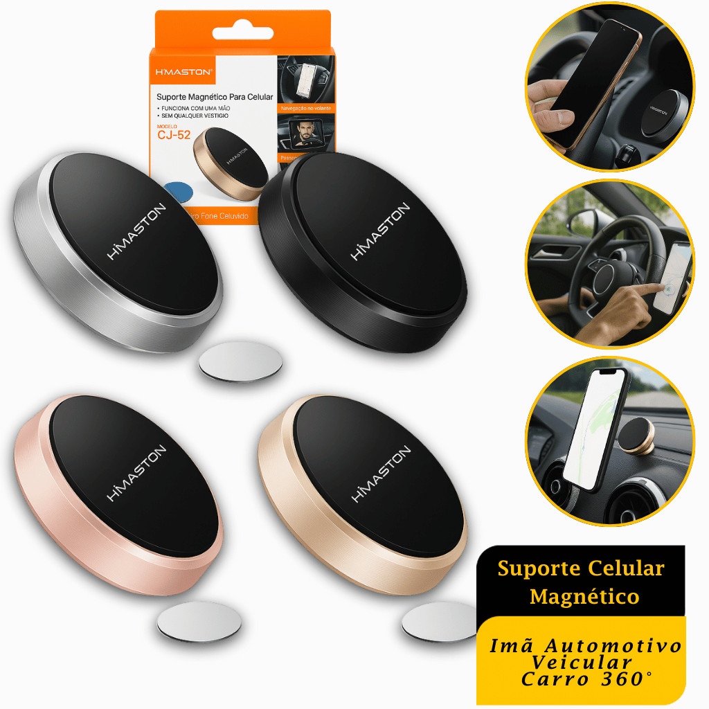 Kit Suporte Celular Magnético Imã Automotivo Veicular Carro 360° H'maston CJ-52