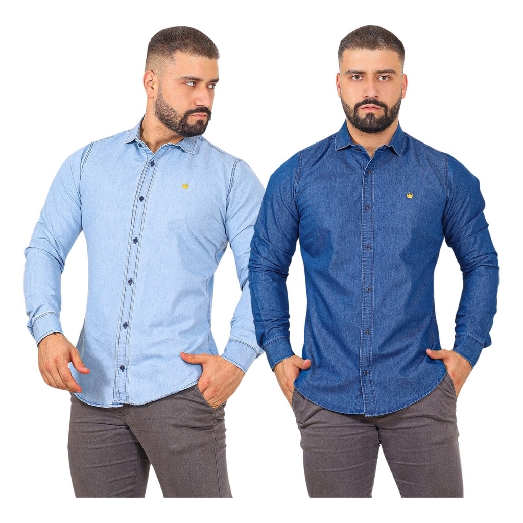 Kit 2 Camisa Blusa Social Masculino Jeans Manga Longa Lisa Luxo