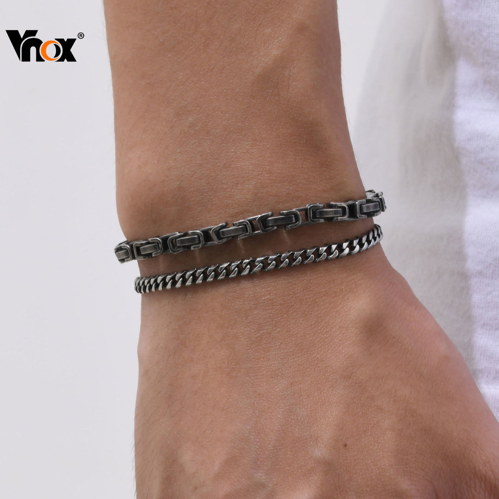 Vnox Retro Cinza Dupla Camada Pulseira Conjunto Para Homem , Punk Hiphop Empilhável Pulseiras Caixa Cubana Link Corrente
