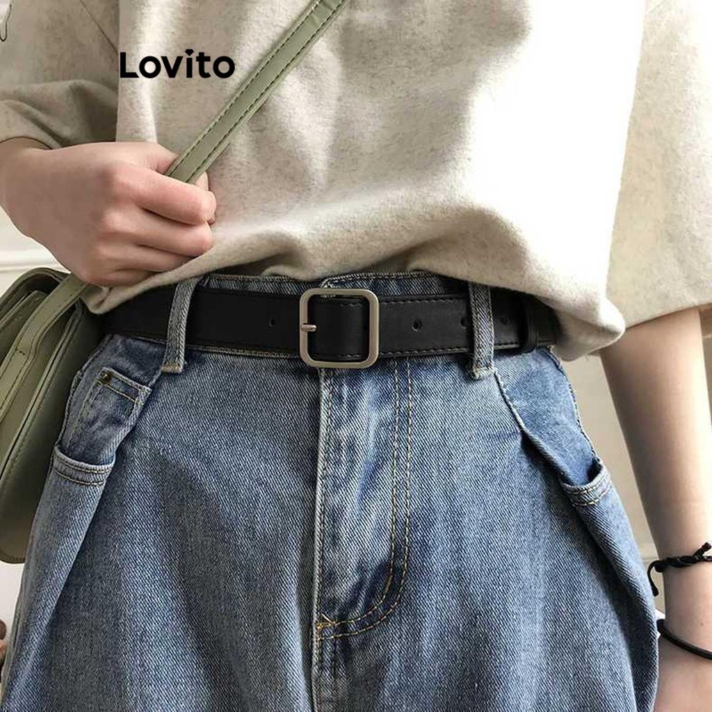 Lovito  Cinto Casual Liso Retrô Fino Cinto Estudante Elegante Cinto De Fivela Quadrada Para Mulheres LFA55308 - Fashion Accessories