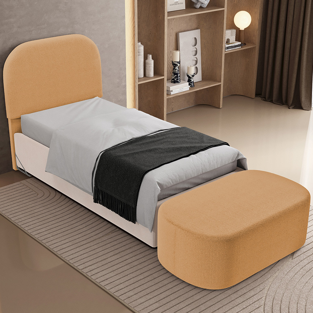 Cabeceira Cama Box Solteiro 100cm Lanna com Puff Recamier Doha W01 Bouclê Mostarda - Lyam Decor