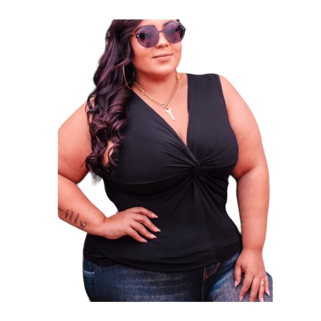 Regata decote v com nozinho alça grossa larga plus size em Oferta na Shopee