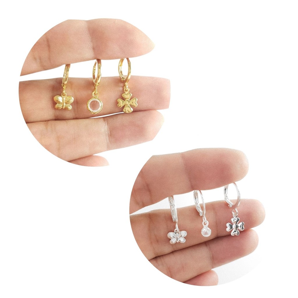Trio Argolinha Click Infantil Menina Brincos Folheado Prata 3 Pares