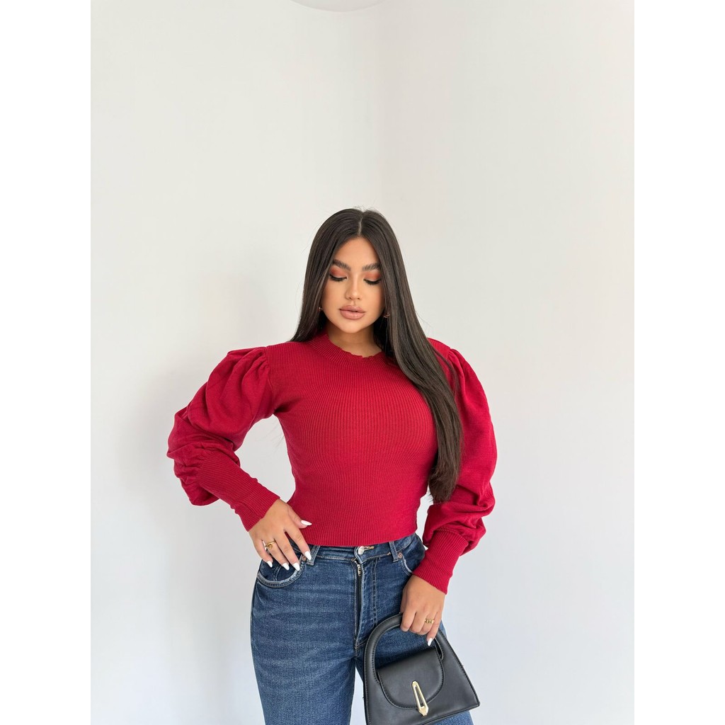 Blusa manga longa Tricot manga princesa bufante elegante inverno chique blusa de frio coleção nova