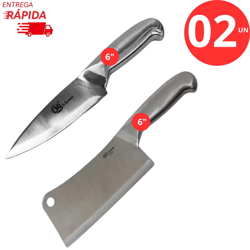 KIT 1 Faca Cutelo 6'' e 1 Faca peixeira 6" Inox Profissional Lâmina Corte de Precisão Churrasco Açougue