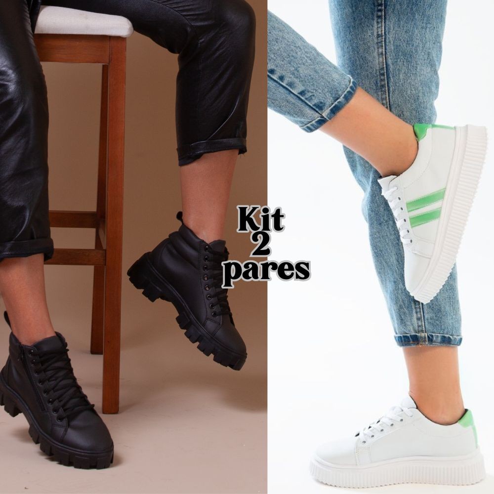 Kit Tenis Feminino e Coturno Feminino. Dois pares de calçados para todo tipo de look feminino.