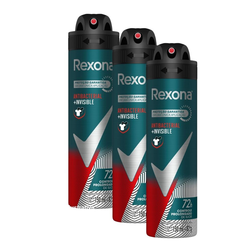 Kit 3 Desodorante Rexona Antibacterial e Invisible Masculino Aerosol Antitranspirante 72 horas 150ml - Beauty