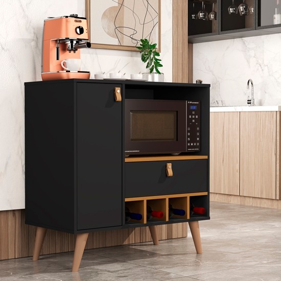 Armario de Cozinha Suporte Microondas Elena Suspenso e com Pés cor Preto / Nature - MJM Casa dos Moveis