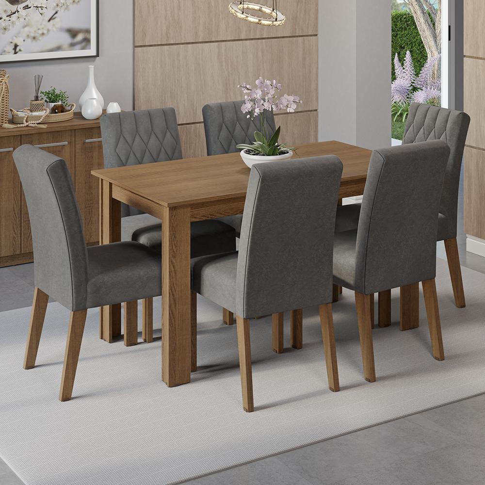 Conjunto Sala de Jantar Mesa Tampo de Madeira 6 Cadeiras Rustic/Silver Allegro Madesa