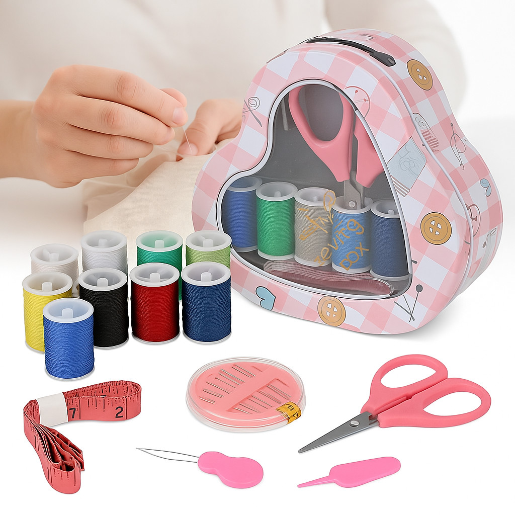 Kit Costura Completo Linha e Agulha Estojo de Lata Decorativo Para Levar Na Bolsa Viagem Presente 20 Peças