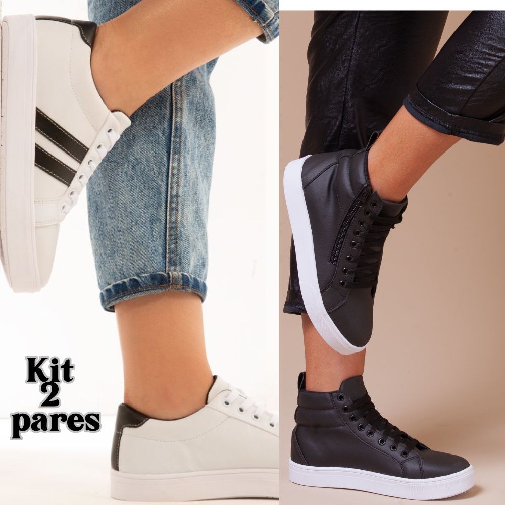 Kit Tenis Feminino Tênis Feminino Sola Plataforma Branco + Botinha Preta