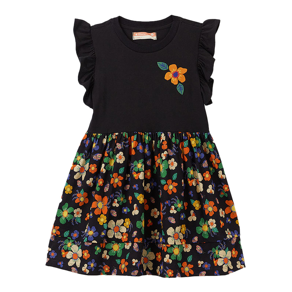 Vestido Infantil Fábula Preto Flor Bordada e Saia Florida Frescor