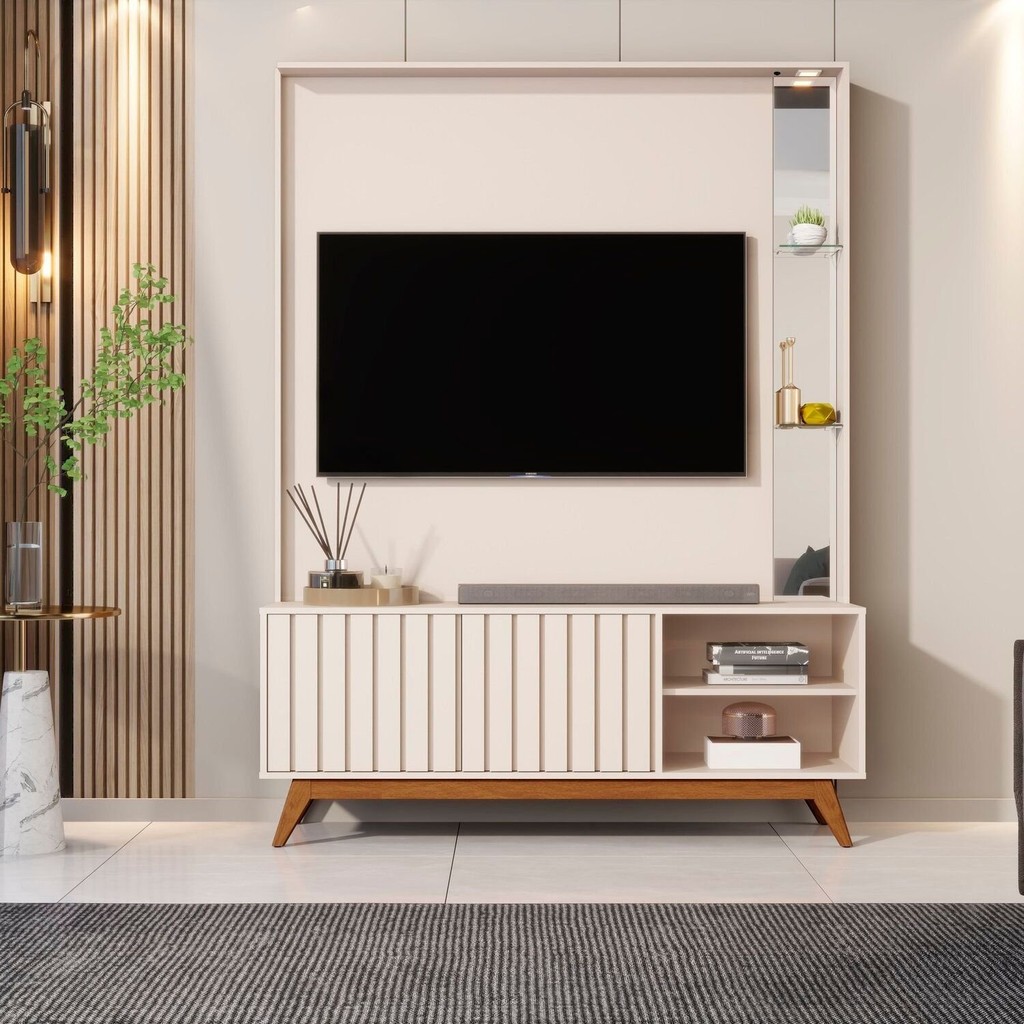 Estante Ripado Ripada para Tv até 60 Polegadas Pés em Madeira Maciça Açaí Off White