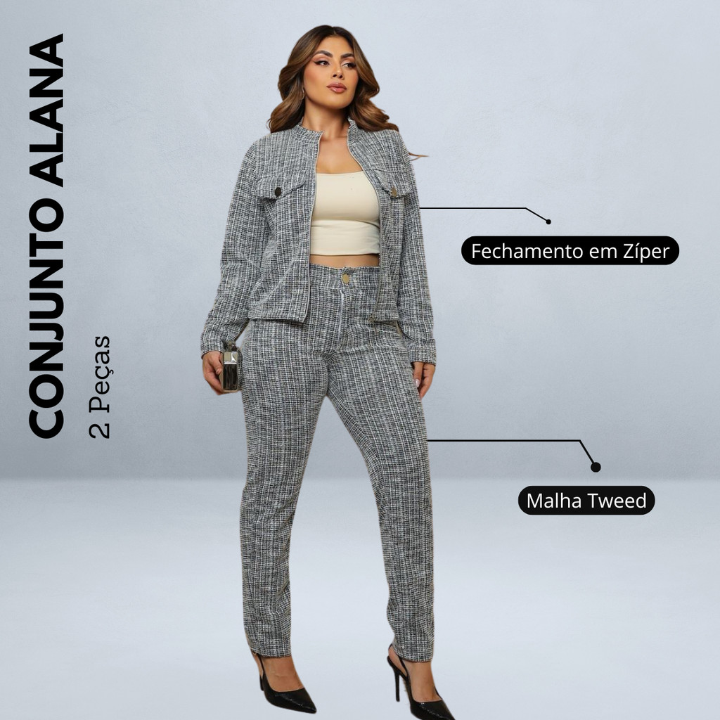 Conjunto Inverno Calça Skinny E Casaco Com Zíper Em Tweed