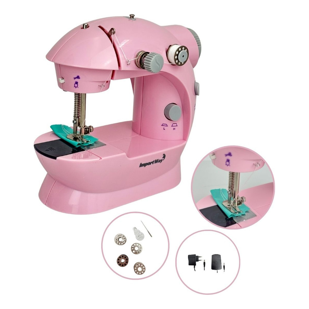 Mini Máquina de Costura Rosa Bivolt Portátil Importway