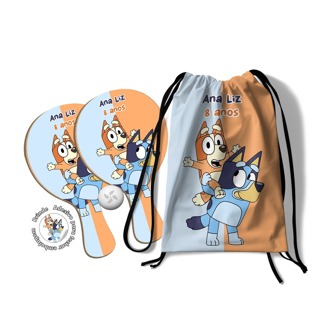 7/10/15/25 Kit Mochilinha e Raquetes Ping Pong - bluey e bingo