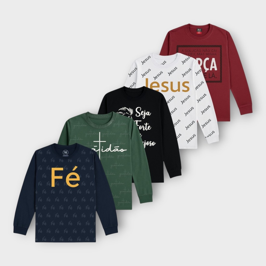 Kit 5 Camisetas Atacado Gospel Infantil Manga Longa Versículos Bíblicos Louvor Fé Tamanhos 2 Ao 8