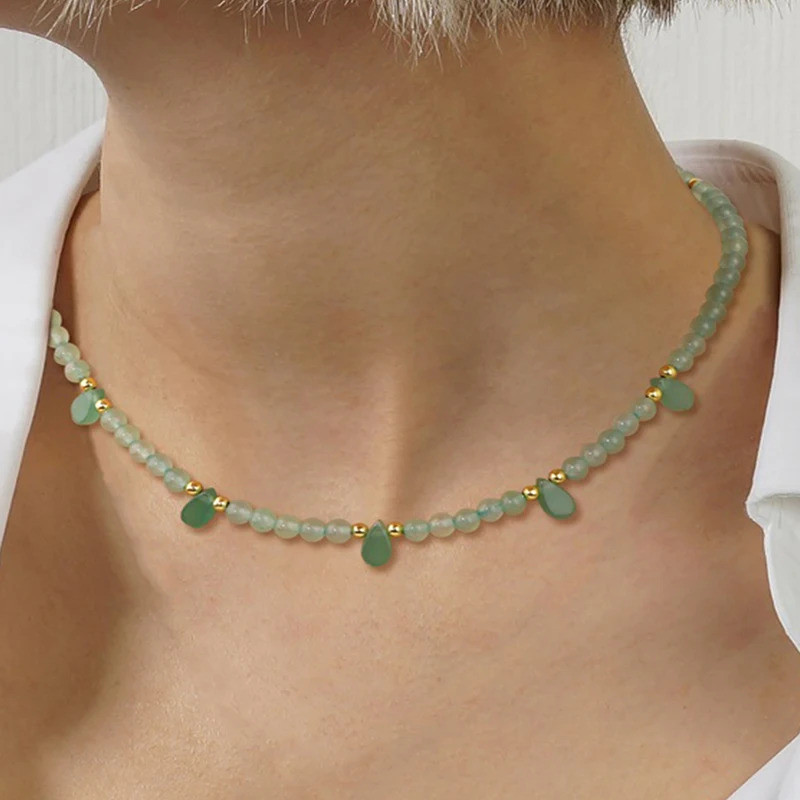 IVIAPRO Colar de Pedra Natural Aventurina Verde 4mm Pingente Gota D'água Colar Feminino Joia Unissex Presente