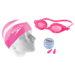 Kit de Natação Para Iniciantes Touca Slim Óculos e Protetor Ouvido Três em Um Speedo SLC - ROSA