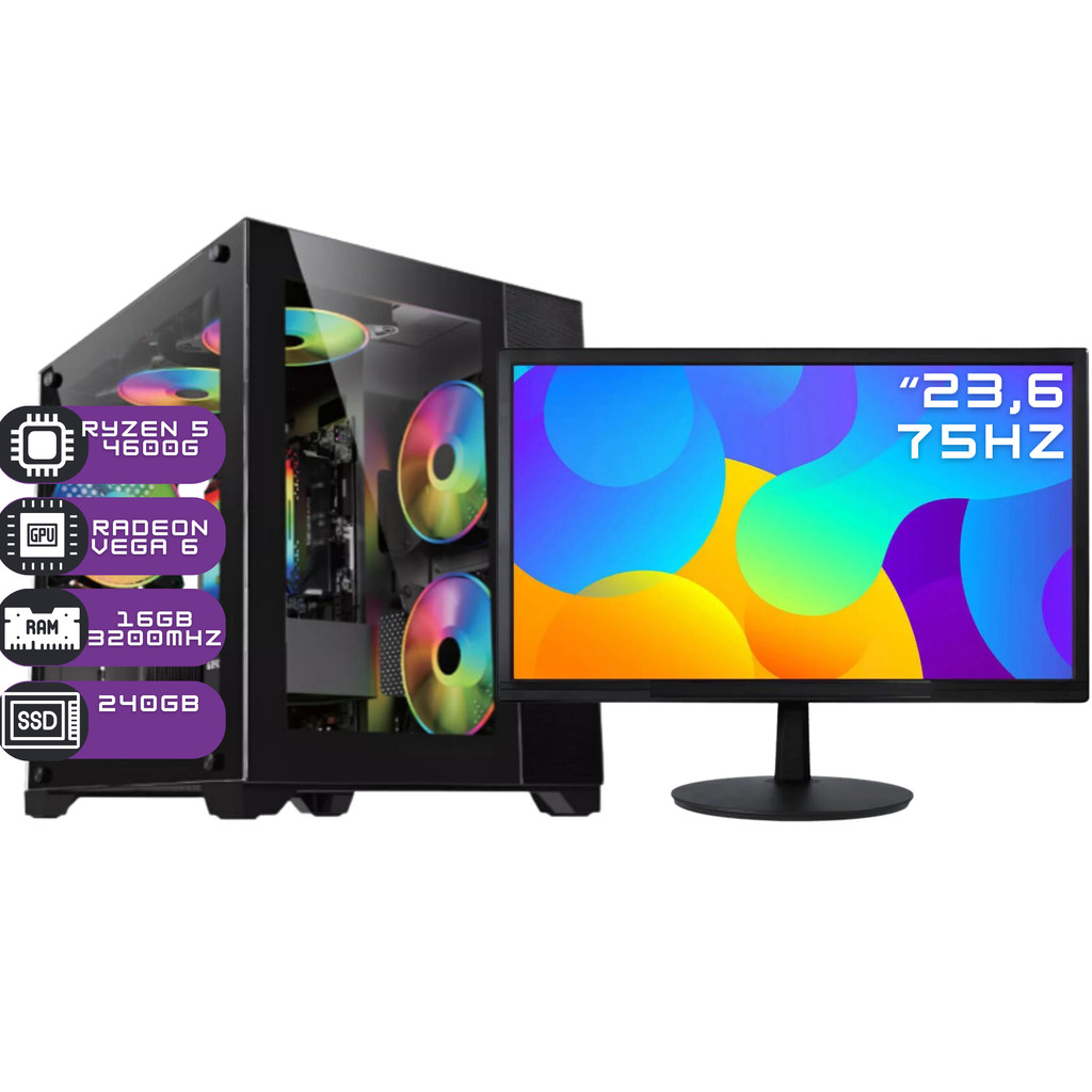 PC GAMER AGARON COMPLETO - MONITOR -  RYZEN 5 4600G - AQUARIO - SSD 240GB 