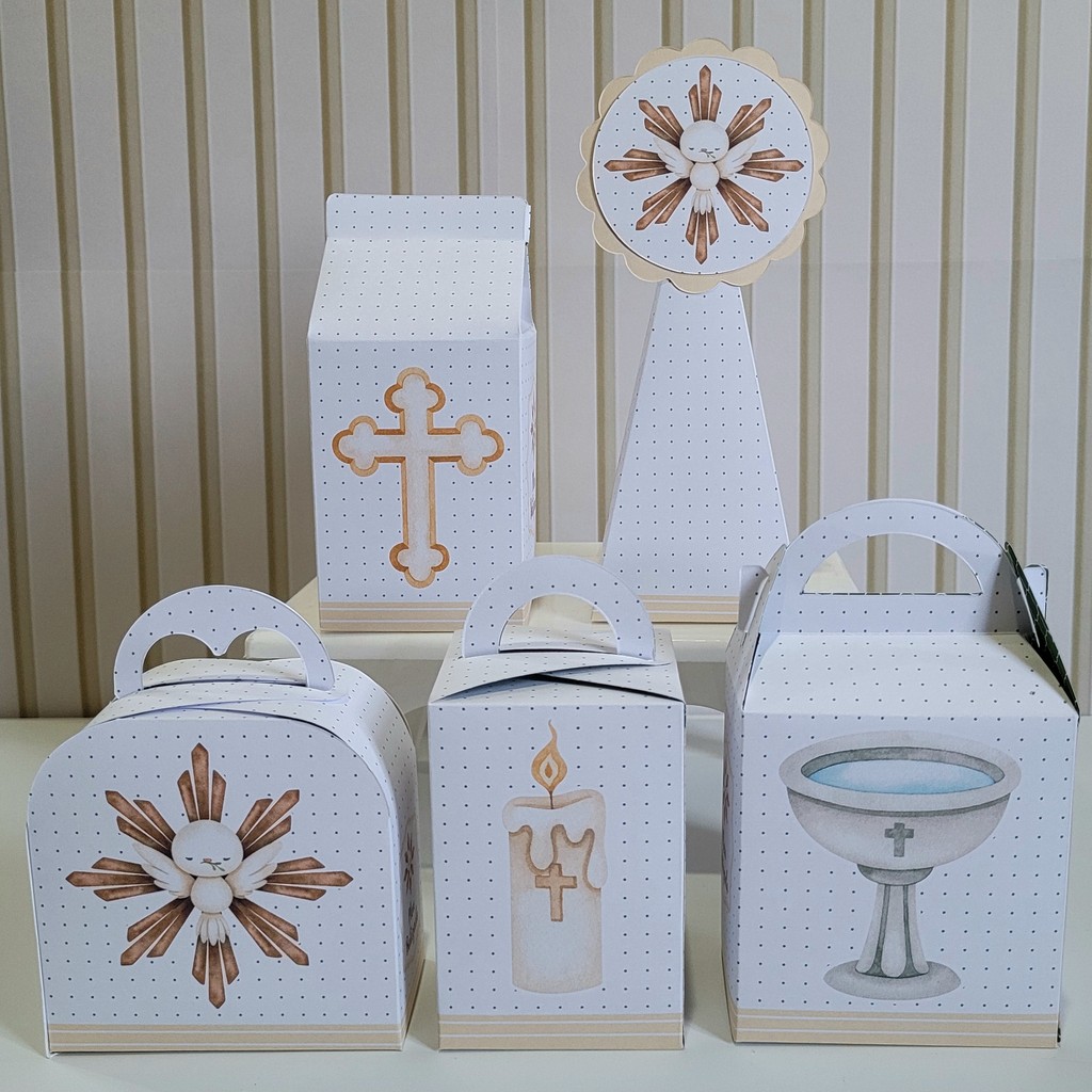 Kit Festa Batizado Branco Bege Desmontada Pronta Entrega Caixinha Lembrancinha Não Personalizados Batismo Neutro