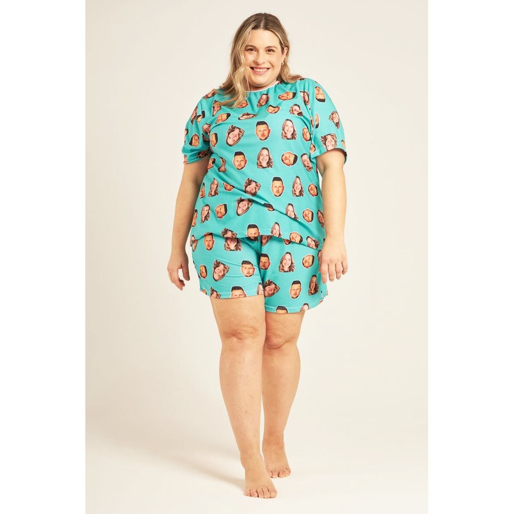 Pijama Plus Size Curto Unissex Personalizado - Customize com Suas Fotos - Pijama Masculino e Feminino - Turquesa