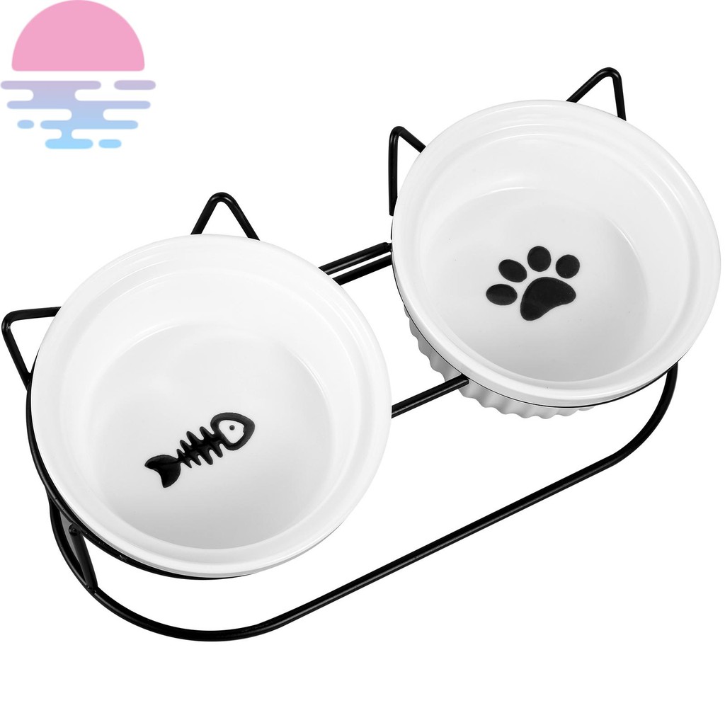 Tigelas Elevadas Para Gatos Inclinadas De 4.7 x 2.2 Polegadas Duplas De Cerâmica Alimentos Animais De Estimação Com Supo