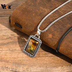 Colar Com Pingente Quadrado De Pedra De Olho De Tigre Vnox Para Homens E Mulheres , Corrente De Pérola Quadrada , Retrô