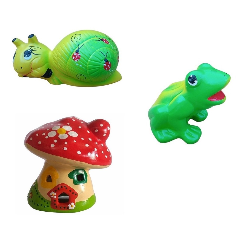 Enfeite Jardim Kit Decoração 1 Sapos E 1 Caramujo 1 Cogumelo