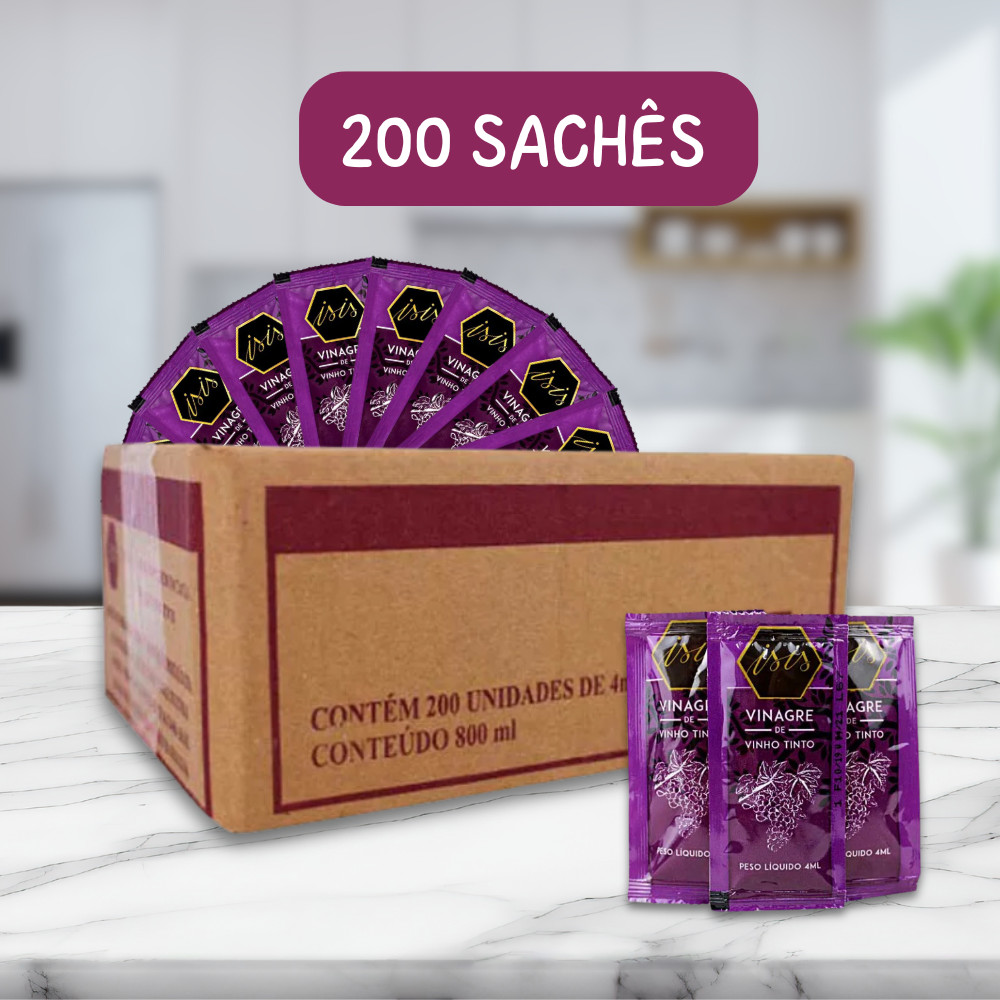 Vinagre De Vinho Tinto Sachê 4ml Isis Caixa 200 Unidades Tradicional Tempero Saladas Carnes Receitas Restaurantes