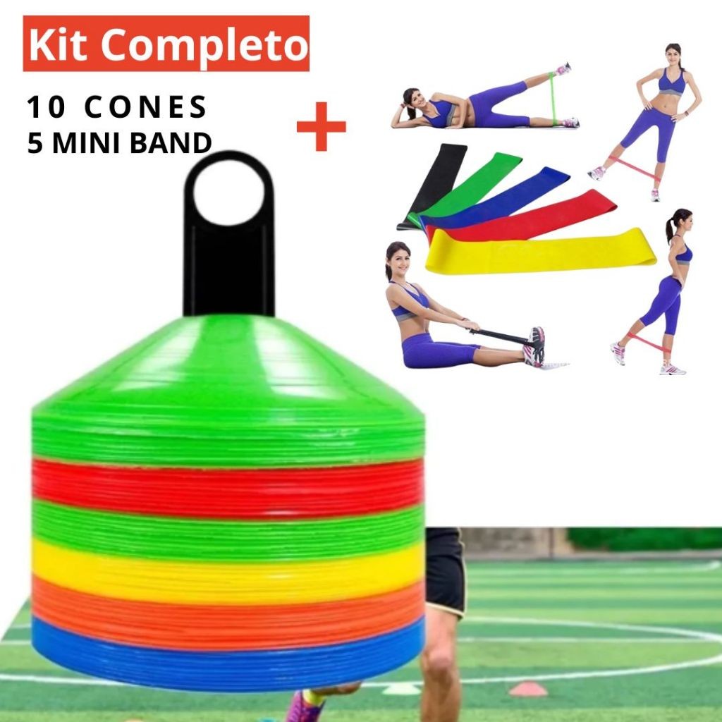Kit Funcional 10 Cones Chapéu Chinês + 5 Faixas Mini Band Elástica ExercícioTreino Fitness