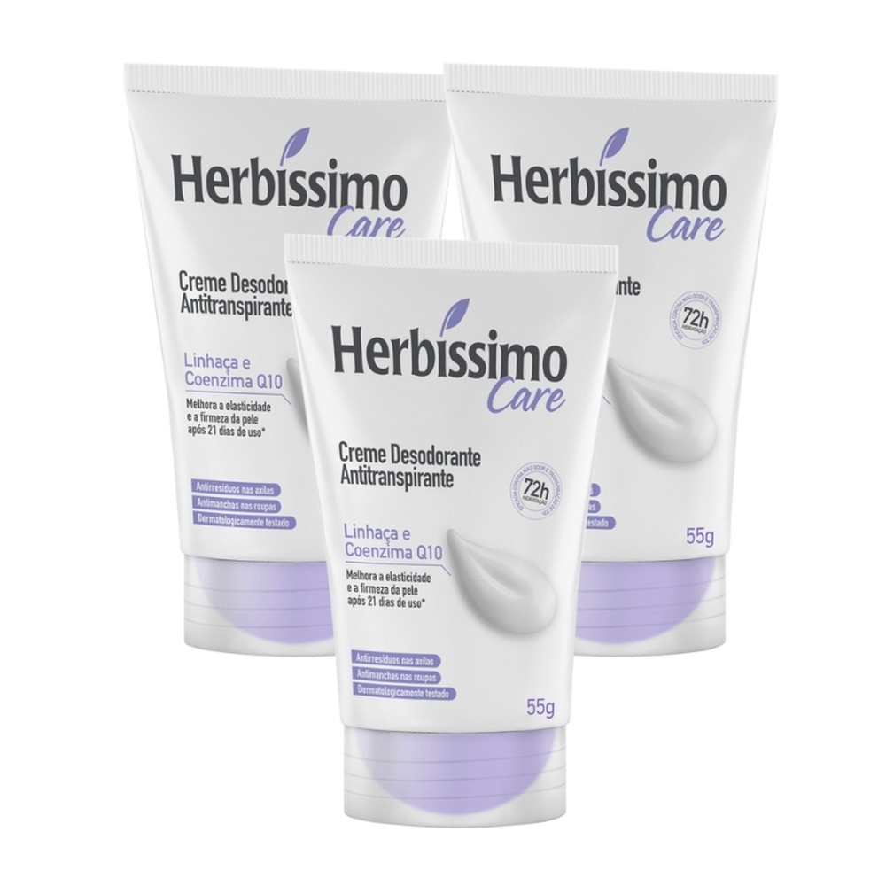 Kit Creme Desodorante Antitranspirante Herbíssimo Care Linhaça E Coenzima Q10 55g (3 unidades)