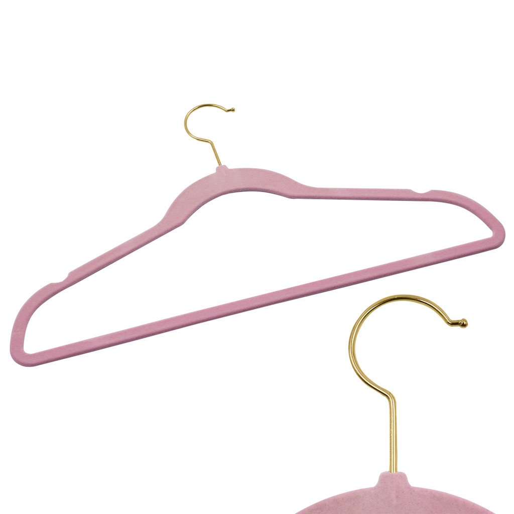 Kit 30 Cabides Veludo Rosa e Gancho Dourado Antideslizantes