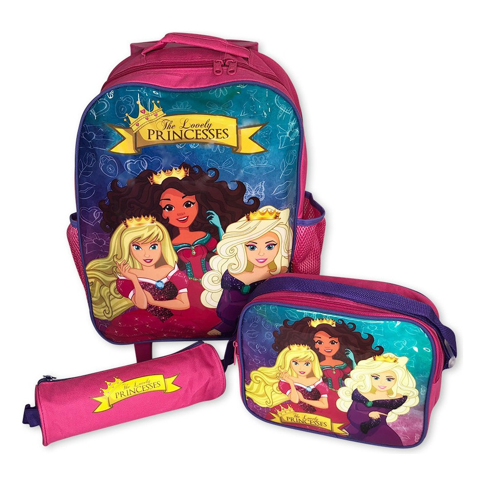 Kit Mochila Infantil Escolar Com 3 Peças Princesa Reforçada