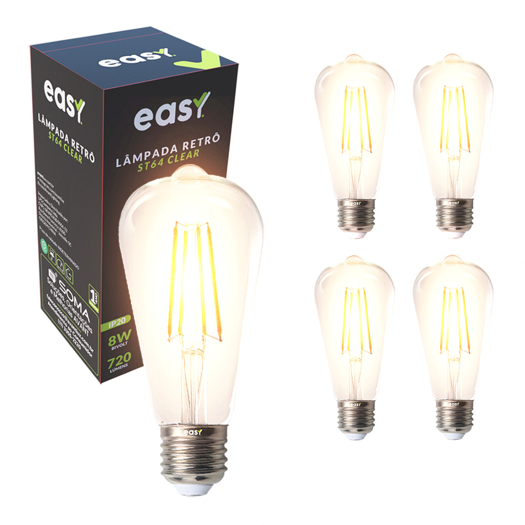 Kit 5 Lâmpadas de Led ST64 Retro Vintage Clear 8w 2400k E27 Bivolt Easy Luz Quente em Oferta na Shopee