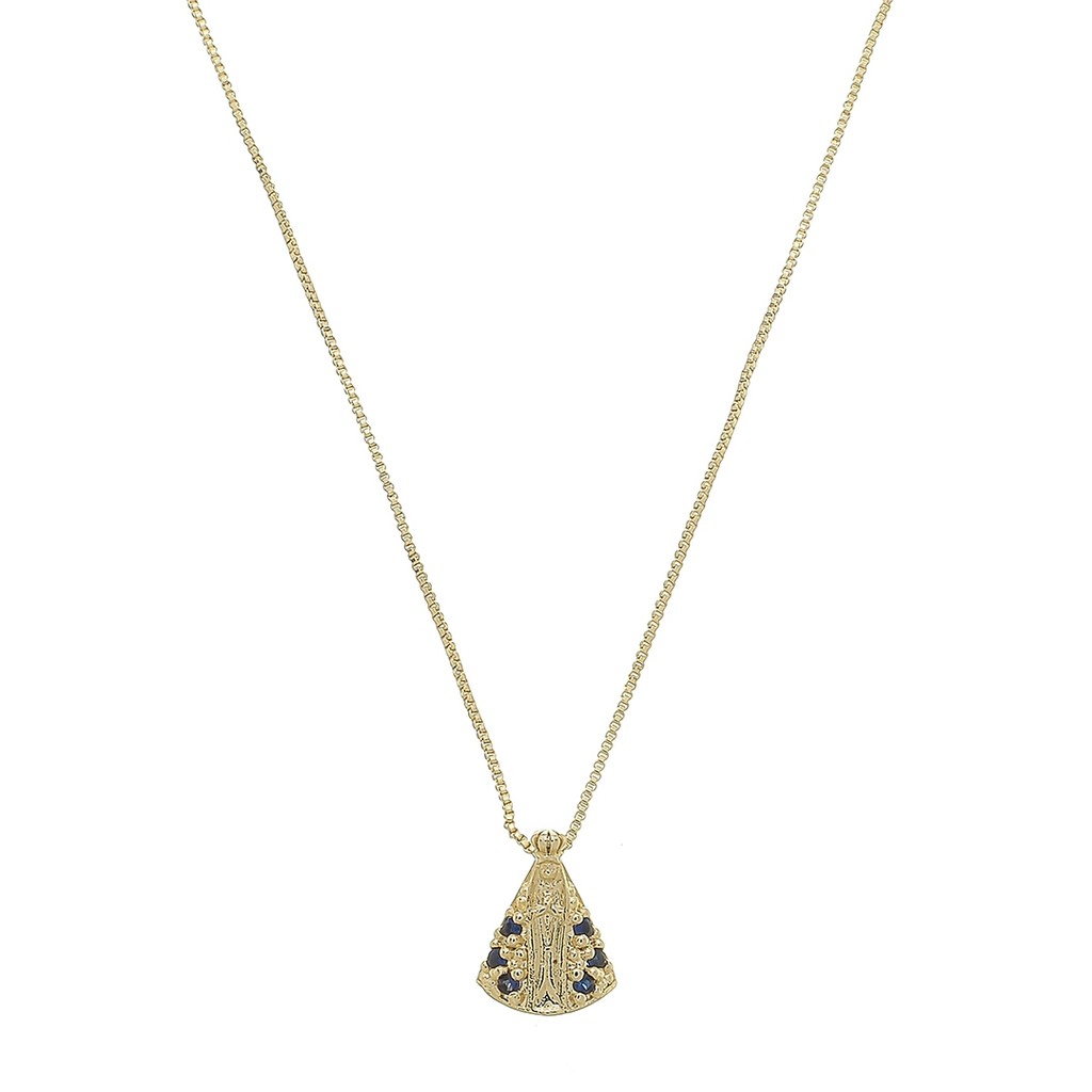 COLAR NOSSA SENHORA APARECIDA MINI ZIRCÔNIAS SAFIRA FOLHEADO A OURO 18K