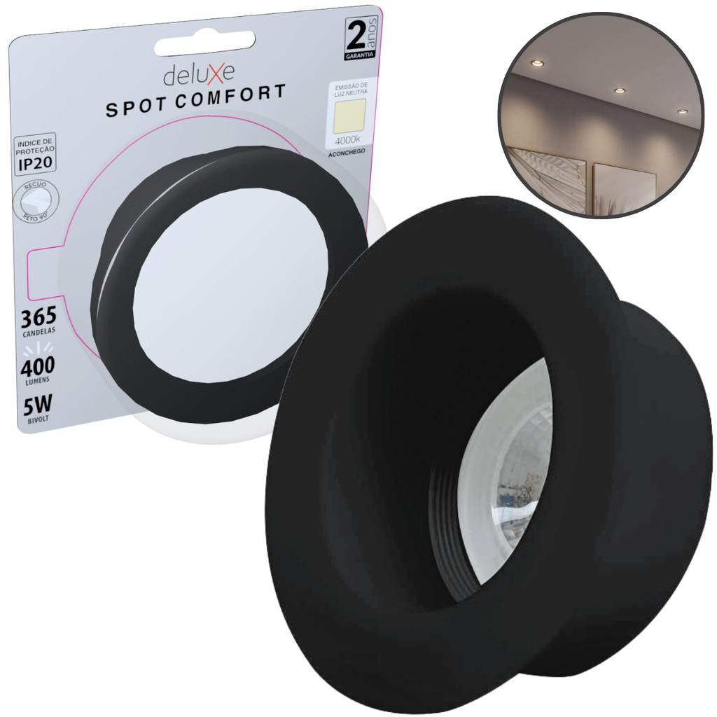 Spot de Led Comfort 4000k Branco Neutro 5w Recuado Redondo Embutir 110v/220v Bivolt Preto Cód: 908840087 Deluxe - Home & Living