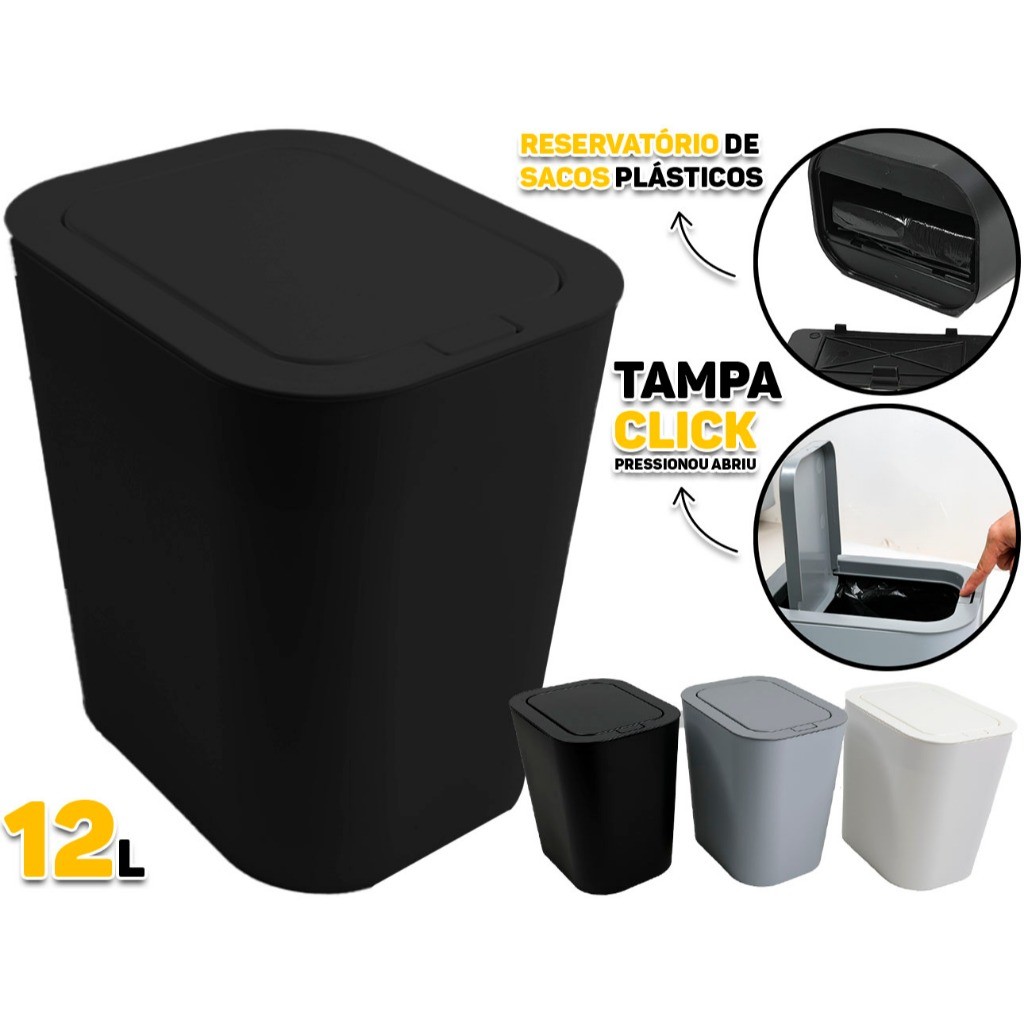 Lixeira 12 L Tampa Click Abre Automática E Dispenser Integrado De Sacos De Lixo Banheiro Lavabo Cozinha Escritório