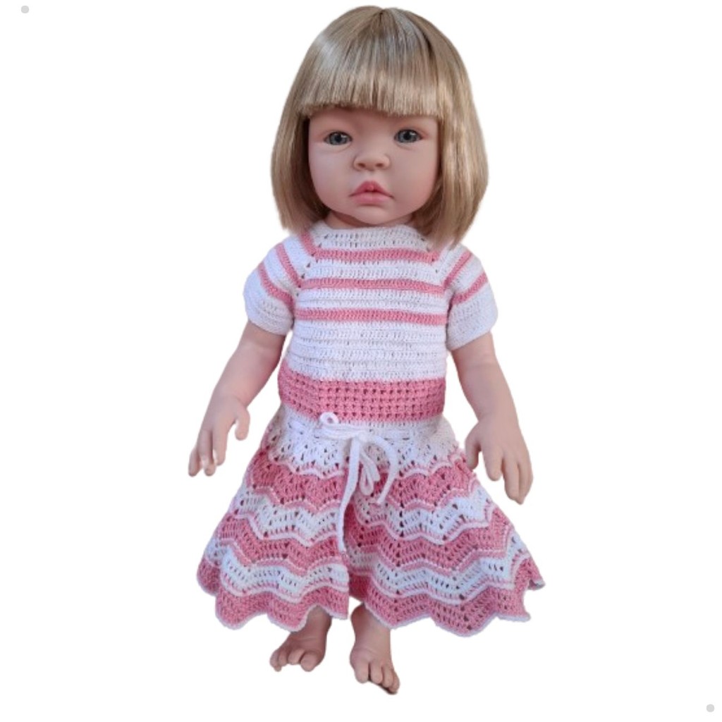 Roupinha Vestido de Crochê Feito a Mão Para Bonecas Tamanho 50 a 53cm Baby Kiss Bebê Reborn