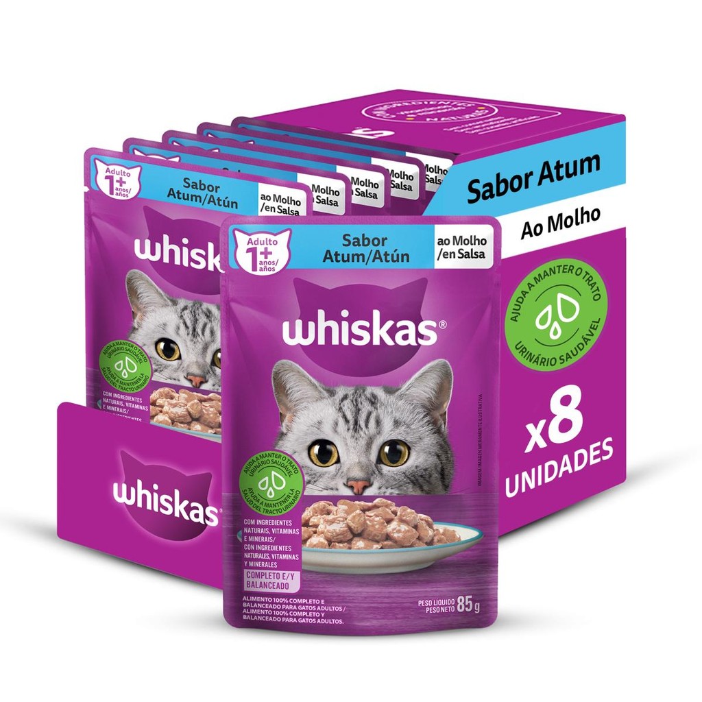 Kit com 8un Ração Úmida Whiskas Sachê Atum Gato Adulto 85g - Pets