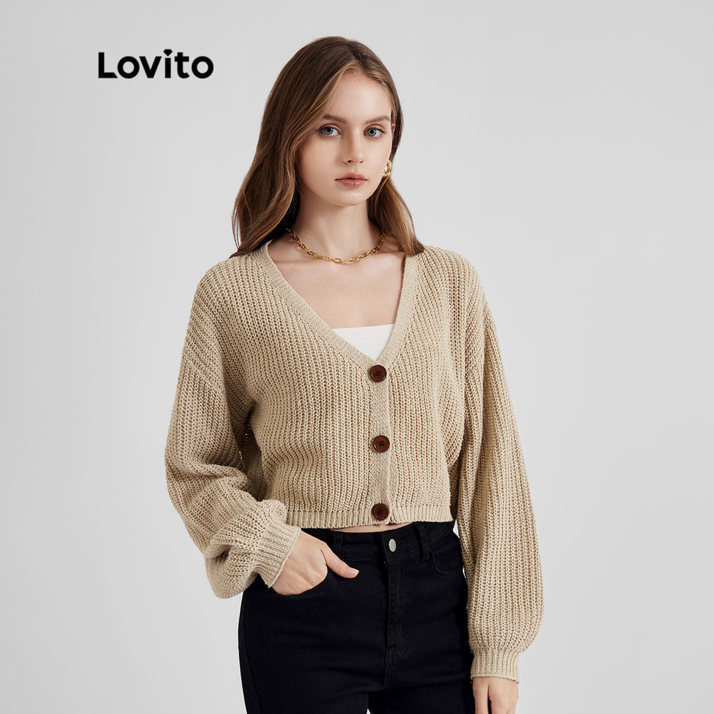Lovito Cardigãs Casuais Lisos De Manga Comprida Com Botões E Cardigã De Malha Para Mulheres L21LT091 (Cáqui/Branco) - Women Clothes