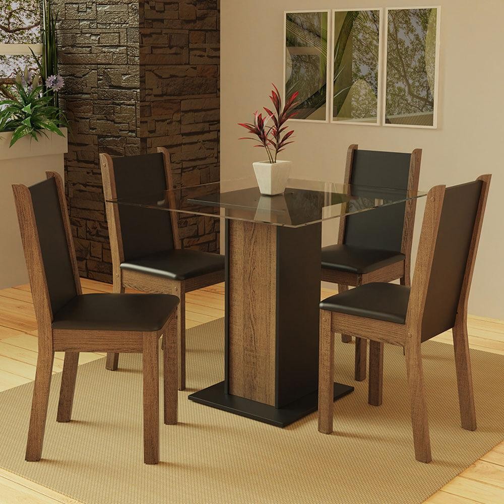 Conjunto Sala de Jantar Madesa Aline Mesa Tampo de Vidro com 4 Cadeiras - Rustic/Preto - Home & Living