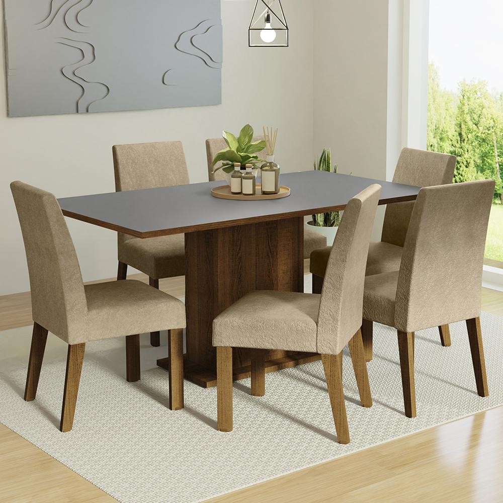 Conjunto Sala de Jantar Mesa Tampo de Madeira 6 Cadeiras Imperial Renata Madesa