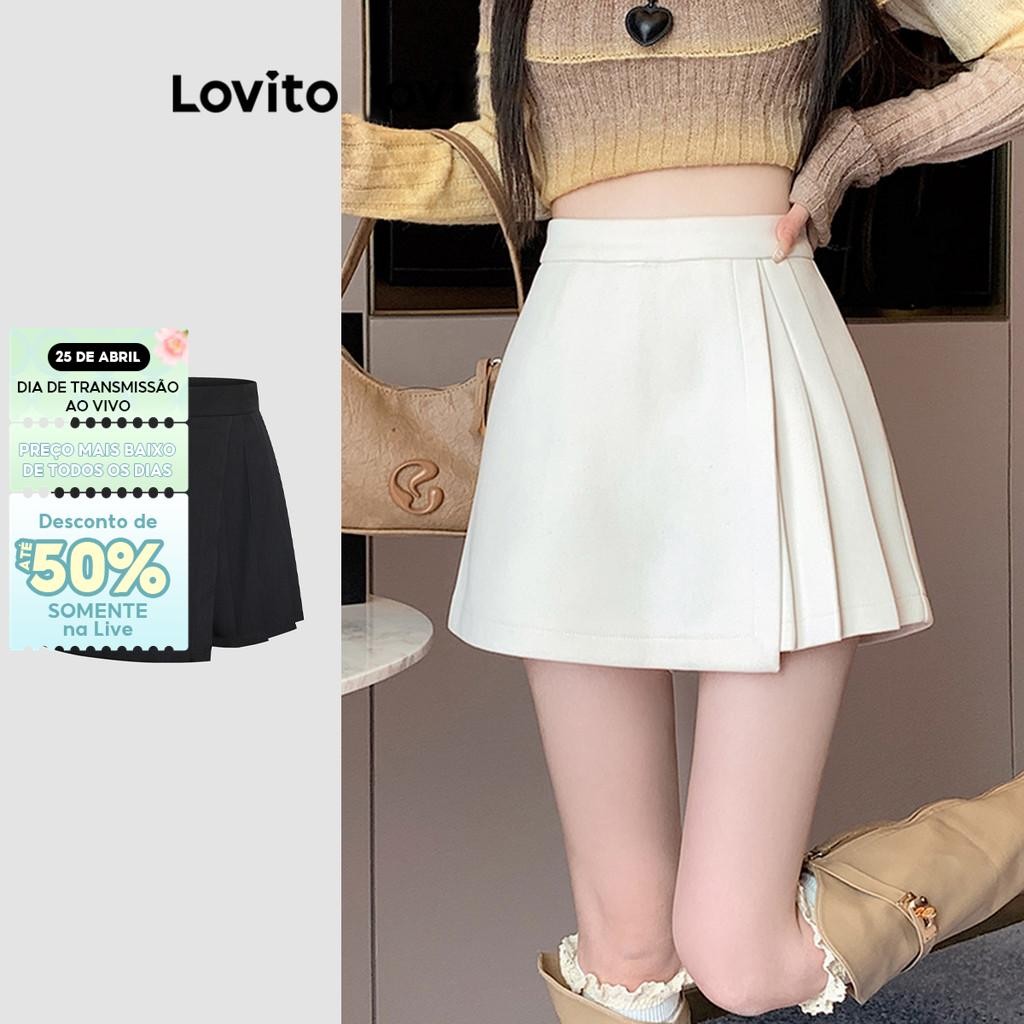 Lovito Shorts Casual Liso e Plissados Assimétricos LNE38203 (Branco Off White/Preto)