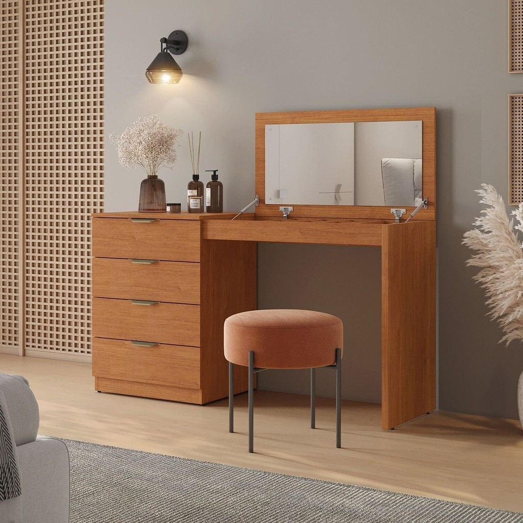 Penteadeira Camarim com Porta Joias e Tampo Reclinável 4 Gavetas Afrodite 100%mdf Naturalle em Oferta na Shopee