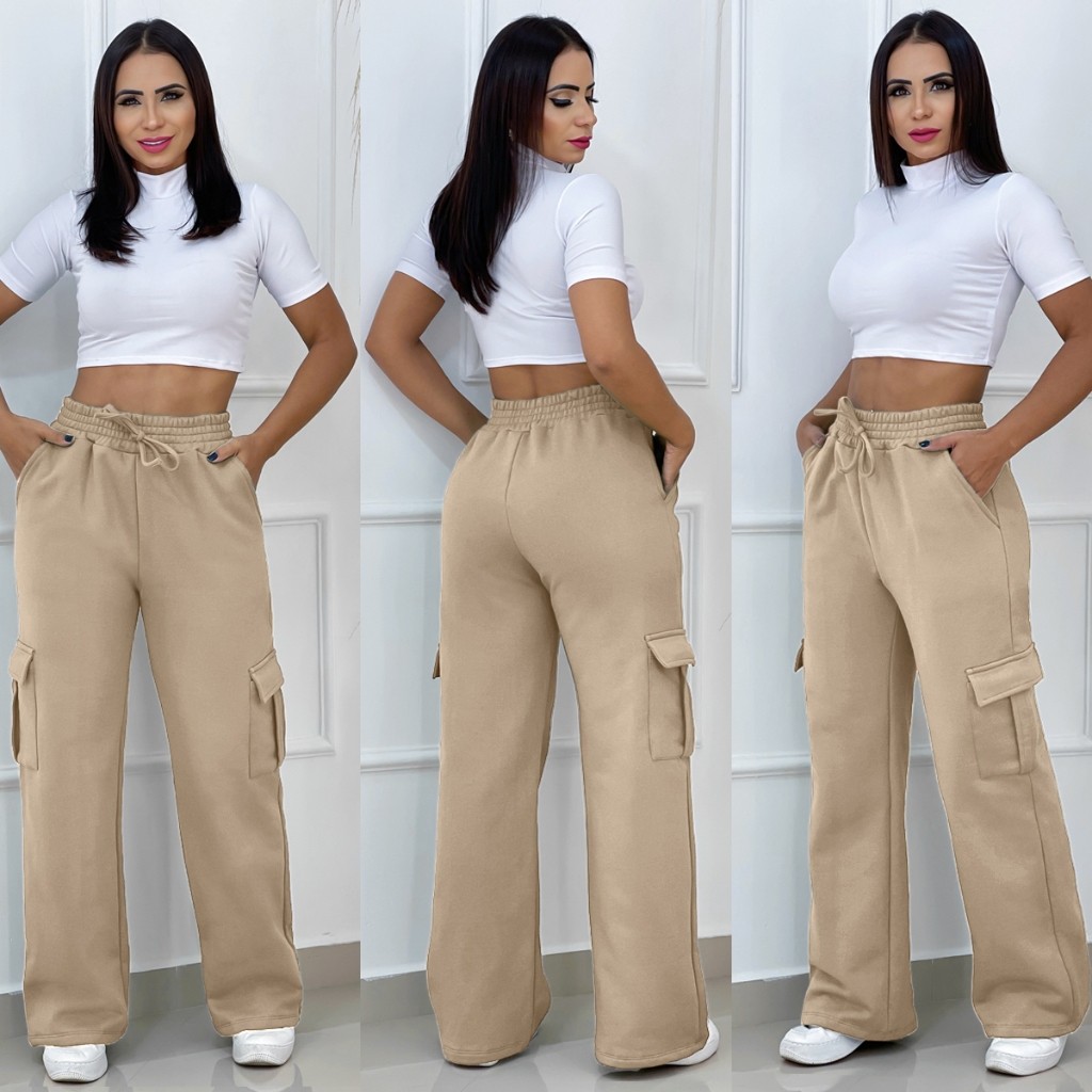 Calça Moletom Flanelada Pantalona Cargo Feminina Estilosa inverno