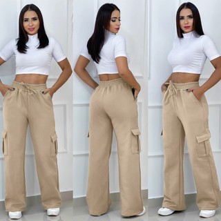 Calça Moletom Flanelada Pantalona Cargo Feminina Estilosa inverno