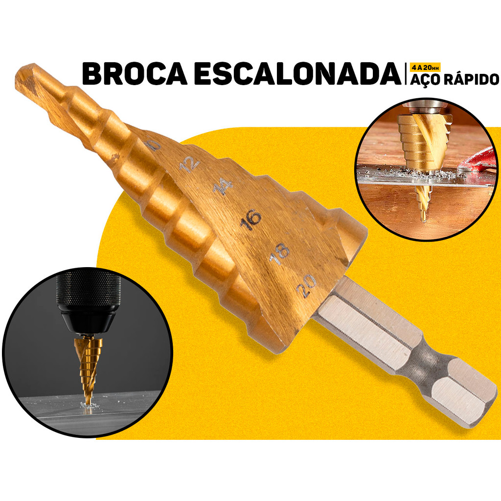 Broca Escalonada HSS 4 A 20mm Em Aço Rápido P/ Perfuração Profissional De Chapas De Metal Original Eda